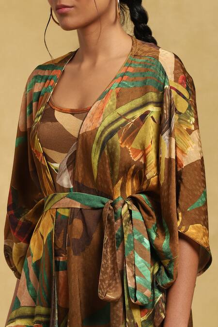 Shop Ritu Kumar Brown Viscose, Lycra Open , Round Tropical Print Shrug And Palazzo Set Online at Aza Fashions Shop_Ritu Kumar_Brown Viscose, Lycra Open , Round Tropical Print Shrug And Palazzo Set _Online_at_Aza_Fashions
