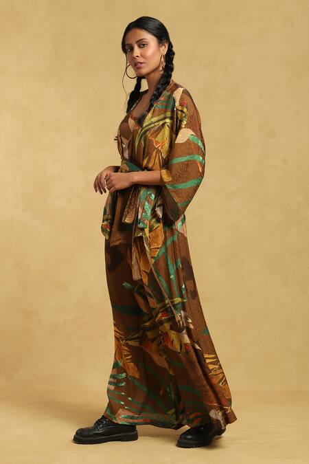 Buy Ritu Kumar Brown Viscose, Lycra Open , Round Tropical Print Shrug And Palazzo Set Buy_Ritu Kumar_Brown Viscose, Lycra Open , Round Tropical Print Shrug And Palazzo Set