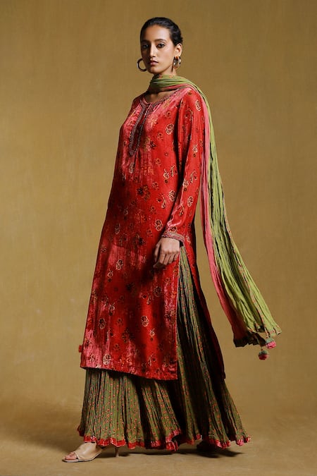 Ritu Kumar_Pink Silk, Cotton Zari, Embroidery Round Godaveri Floral Print Kurta Sharara Set_Online_at_Aza_Fashions