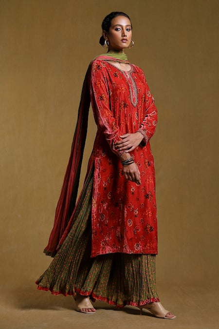 Buy_Ritu Kumar_Pink Silk, Cotton Zari, Embroidery Round Godaveri Floral Print Kurta Sharara Set_Online_at_Aza_Fashions