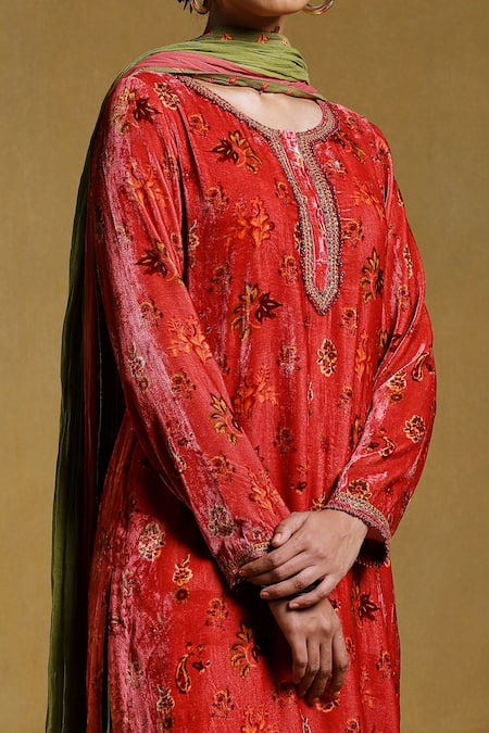 Shop_Ritu Kumar_Pink Silk, Cotton Zari, Embroidery Round Godaveri Floral Print Kurta Sharara Set_Online_at_Aza_Fashions