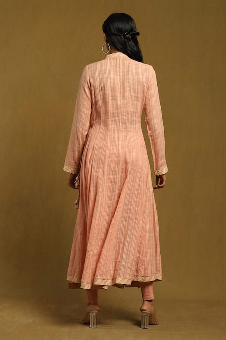 Shop Ritu Kumar Pink Cotton, Viscose Tassels V-neck Self Chequered Pattern Angrakha Anarkali Set at Aza Fashions Shop_Ritu Kumar_Pink Cotton, Viscose Tassels V-neck Self Chequered Pattern Angrakha Anarkali Set _at_Aza_Fashions
