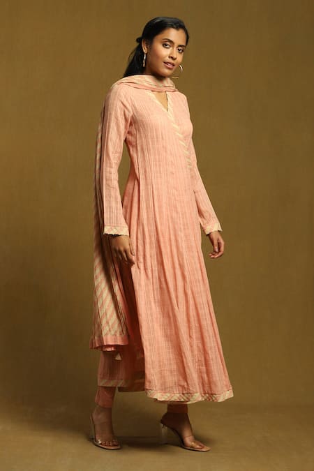 Ritu Kumar Pink Cotton, Viscose Tassels V-neck Self Chequered Pattern Angrakha Anarkali Set Online at Aza Fashions Ritu Kumar_Pink Cotton, Viscose Tassels V-neck Self Chequered Pattern Angrakha Anarkali Set _Online_at_Aza_Fashions