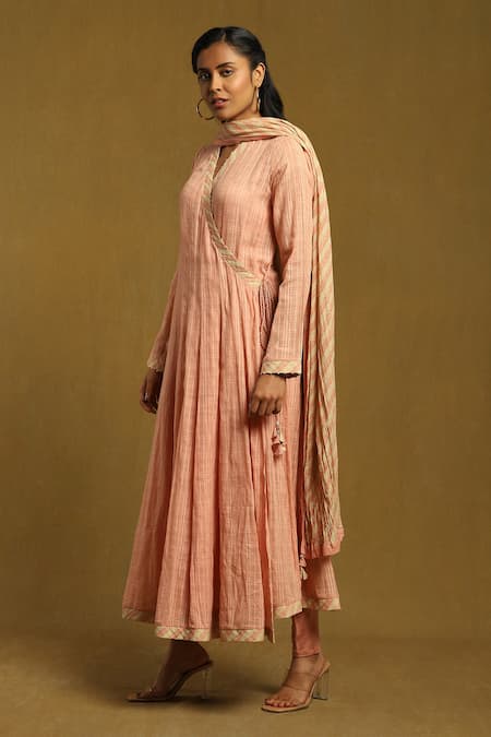 Buy Ritu Kumar Pink Cotton, Viscose Tassels V-neck Self Chequered Pattern Angrakha Anarkali Set Online at Aza Fashions Buy_Ritu Kumar_Pink Cotton, Viscose Tassels V-neck Self Chequered Pattern Angrakha Anarkali Set _Online_at_Aza_Fashions