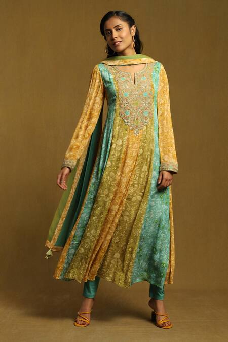 Ritu Kumar Green Viscose, Lycra Embroidery, Tassels Color Block Floral Print Anarkali Set
