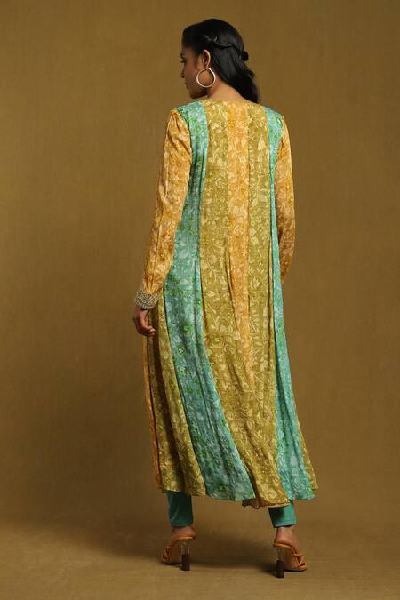 Shop Ritu Kumar Green Viscose, Lycra Embroidery, Tassels Color Block Floral Print Anarkali Set at Aza Fashions Shop_Ritu Kumar_Green Viscose, Lycra Embroidery, Tassels Color Block Floral Print Anarkali Set_at_Aza_Fashions