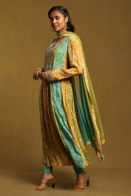 Ritu Kumar Green Viscose, Lycra Embroidery, Tassels Color Block Floral Print Anarkali Set Online at Aza Fashions Ritu Kumar_Green Viscose, Lycra Embroidery, Tassels Color Block Floral Print Anarkali Set_Online_at_Aza_Fashions