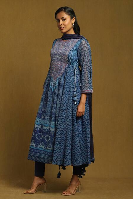 Ritu Kumar_Blue Viscose, Chiffon, Lycra Tassels Round Neck Diamond Motif Print Anarkali Set_Online_at_Aza_Fashions
