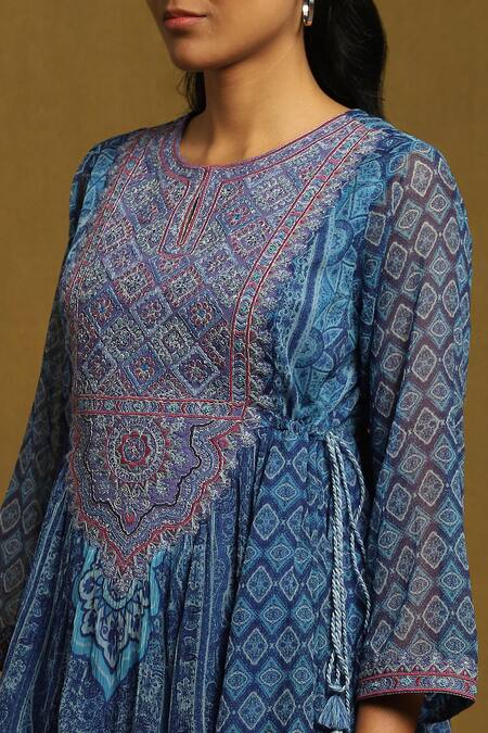 Shop_Ritu Kumar_Blue Viscose, Chiffon, Lycra Tassels Round Neck Diamond Motif Print Anarkali Set_Online_at_Aza_Fashions