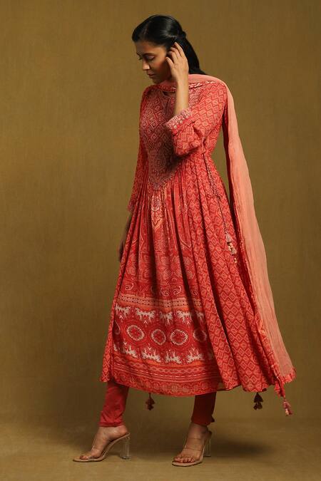 Ritu Kumar_Red Viscose, Chiffon, Lycra Tassels, Diamond And Floral Motif Print Anarkali Set_Online_at_Aza_Fashions