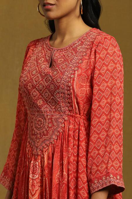 Shop_Ritu Kumar_Red Viscose, Chiffon, Lycra Tassels, Diamond And Floral Motif Print Anarkali Set_Online_at_Aza_Fashions