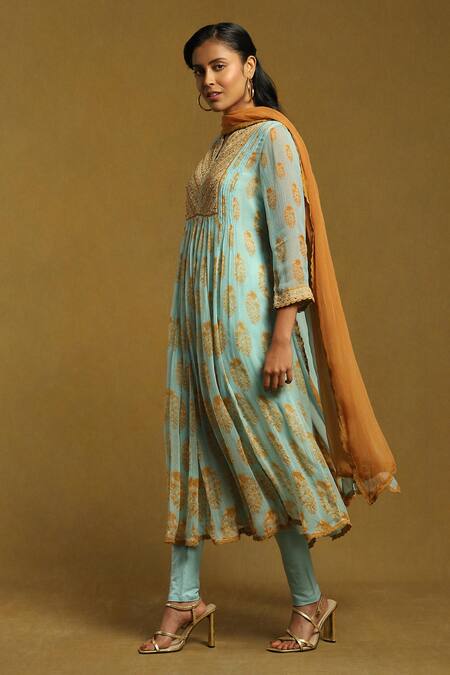 Ritu Kumar_Blue Viscose, Chiffon, Lycra Sequins Round Floral Bouquet Print A-line Kurta Set_Online_at_Aza_Fashions