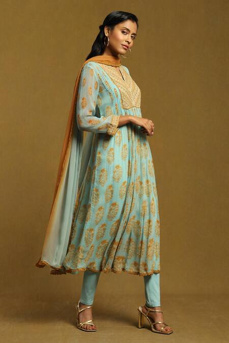 Buy_Ritu Kumar_Blue Viscose, Chiffon, Lycra Sequins Round Floral Bouquet Print A-line Kurta Set_Online_at_Aza_Fashions