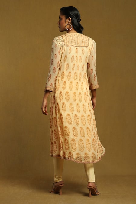 Shop Ritu Kumar Beige Viscose, Chiffon, Lycra Sequins Round Neck Floral Print A-line Kurta Set at Aza Fashions Shop_Ritu Kumar_Beige Viscose, Chiffon, Lycra Sequins Round Neck Floral Print A-line Kurta Set_at_Aza_Fashions