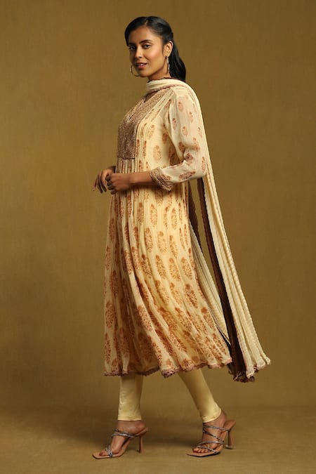 Ritu Kumar Beige Viscose, Chiffon, Lycra Sequins Round Neck Floral Print A-line Kurta Set Online at Aza Fashions Ritu Kumar_Beige Viscose, Chiffon, Lycra Sequins Round Neck Floral Print A-line Kurta Set_Online_at_Aza_Fashions