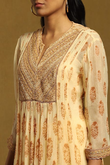 Shop Ritu Kumar Beige Viscose, Chiffon, Lycra Sequins Round Neck Floral Print A-line Kurta Set Online at Aza Fashions Shop_Ritu Kumar_Beige Viscose, Chiffon, Lycra Sequins Round Neck Floral Print A-line Kurta Set_Online_at_Aza_Fashions