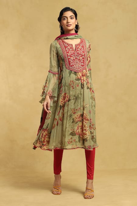 Ritu Kumar Green Viscose Chiffon Print Vintage Floral Notched Round Neck Kurta Set 