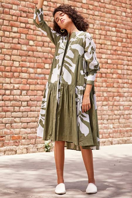 Buy Kharakapas Green Cotton Round Neck Nimboli Lino Print Dress Online at Aza Fashions Buy_Kharakapas_Green Cotton Round Neck Nimboli Lino Print Dress _Online_at_Aza_Fashions