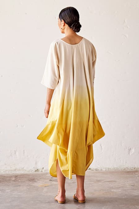 Shop Kharakapas Yellow Cotton Round Neck Golden Days Dyed Jhabla Dress at Aza Fashions Shop_Kharakapas_Yellow Cotton Round Neck Golden Days Dyed Jhabla Dress _at_Aza_Fashions