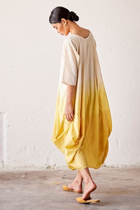 Shop Kharakapas Yellow Cotton Round Neck Golden Days Dyed Jhabla Dress Online at Aza Fashions Shop_Kharakapas_Yellow Cotton Round Neck Golden Days Dyed Jhabla Dress _Online_at_Aza_Fashions