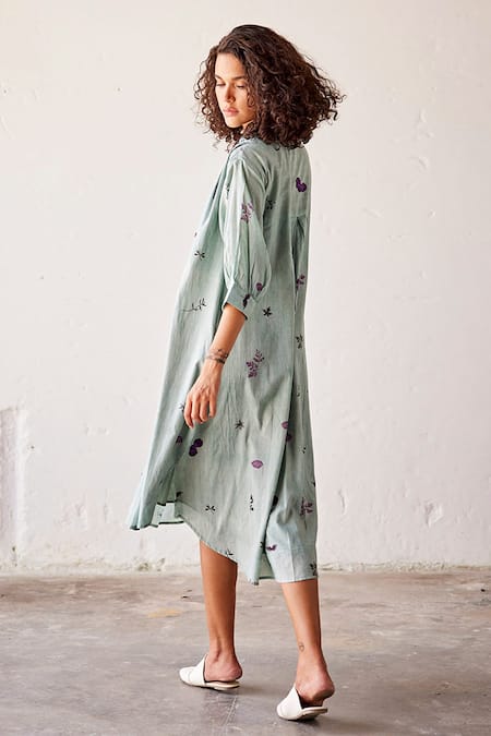Shop_Kharakapas_Blue Cotton, Muslin Embroidery Shawl Neck, Collared Magic Pop Printed Dress _at_Aza_Fashions