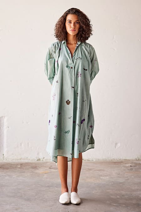 Kharakapas_Blue Cotton, Muslin Embroidery Shawl Neck, Collared Magic Pop Printed Dress _Online_at_Aza_Fashions