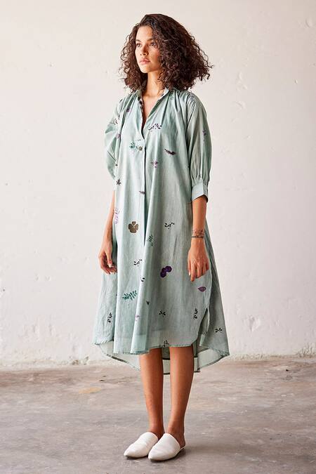 Buy_Kharakapas_Blue Cotton, Muslin Embroidery Shawl Neck, Collared Magic Pop Printed Dress _Online_at_Aza_Fashions