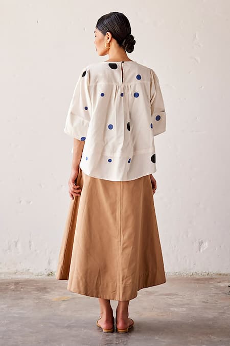 Shop Kharakapas Off White Cotton Round Neck Poppins Polka Print Top at Aza Fashions Shop_Kharakapas_Off White Cotton Round Neck Poppins Polka Print Top _at_Aza_Fashions