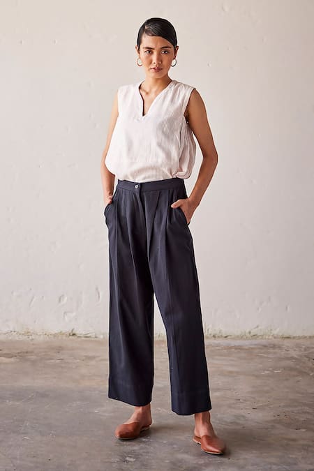 Kharakapas Black Cotton, Twill Trouser Online at Aza Fashions Kharakapas_Black Cotton, Twill Trouser _Online_at_Aza_Fashions