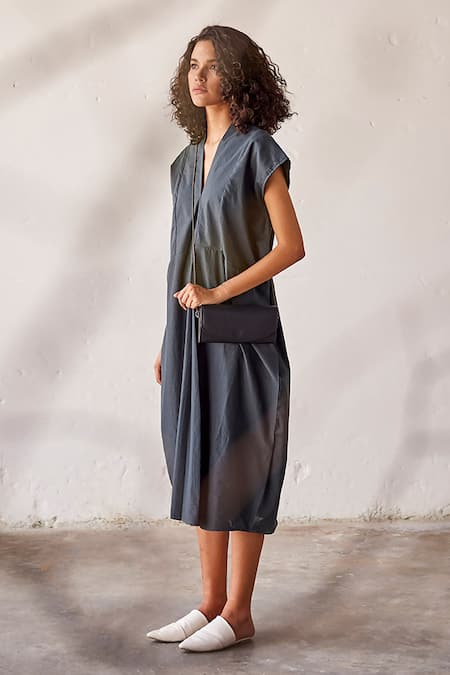 Shop Kharakapas Green Cotton V-neck 21 Love Pleated Dress Online at Aza Fashions Shop_Kharakapas_Green Cotton V-neck 21 Love Pleated Dress _Online_at_Aza_Fashions