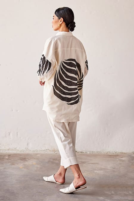 Shop Kharakapas Off White Cotton, Linen, Polyester Shawl Neck Summer Fling Shirt And Trouser Set at Aza Fashions Shop_Kharakapas_Off White Cotton, Linen, Polyester Shawl Neck Summer Fling Shirt And Trouser Set _at_Aza_Fashions