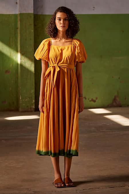 Kharakapas Yellow Cotton, Muslin Square Neck Puff Sleeve Midi Dress Online at Aza Fashions Kharakapas_Yellow Cotton, Muslin Square Neck Puff Sleeve Midi Dress _Online_at_Aza_Fashions