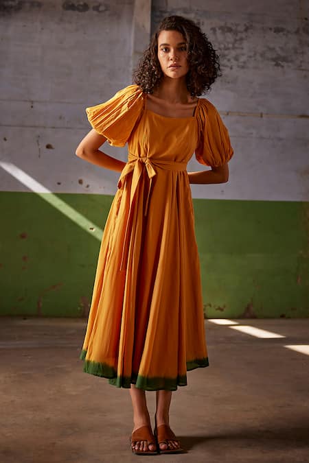 Shop Kharakapas Yellow Cotton, Muslin Square Neck Puff Sleeve Midi Dress Online at Aza Fashions Shop_Kharakapas_Yellow Cotton, Muslin Square Neck Puff Sleeve Midi Dress _Online_at_Aza_Fashions