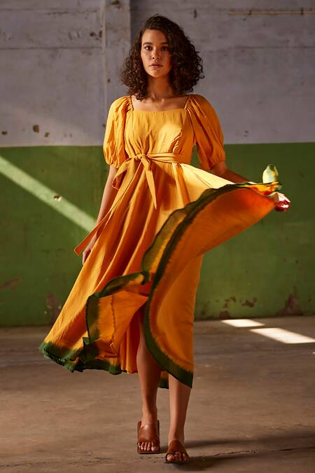 Kharakapas Yellow Cotton, Muslin Square Neck Puff Sleeve Midi Dress at Aza Fashions Kharakapas_Yellow Cotton, Muslin Square Neck Puff Sleeve Midi Dress _at_Aza_Fashions