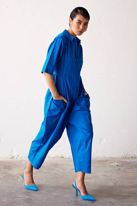 Kharakapas_Blue Poplin Collared Summer Nights Jumpsuit _Online_at_Aza_Fashions