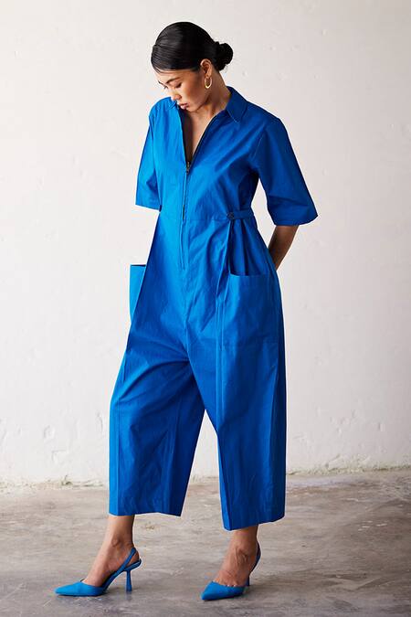Buy_Kharakapas_Blue Poplin Collared Summer Nights Jumpsuit _Online_at_Aza_Fashions