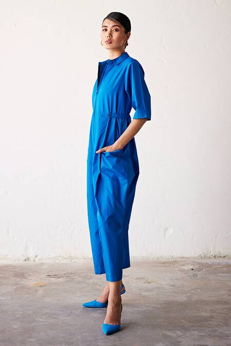 Shop_Kharakapas_Blue Poplin Collared Summer Nights Jumpsuit _Online_at_Aza_Fashions