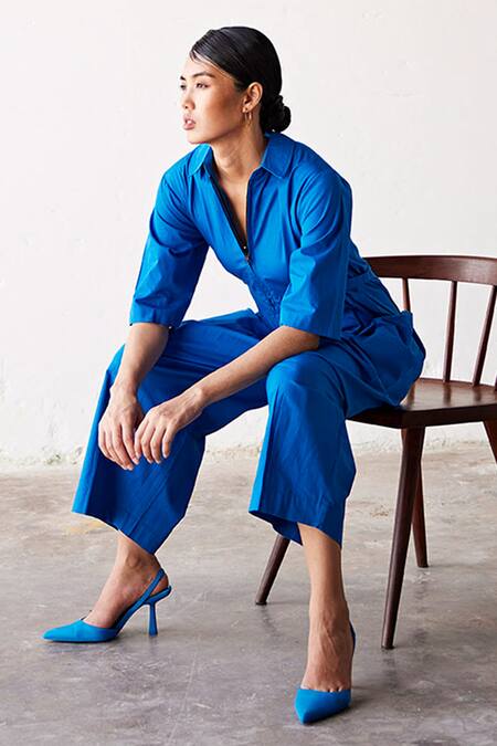 Kharakapas_Blue Poplin Collared Summer Nights Jumpsuit _at_Aza_Fashions