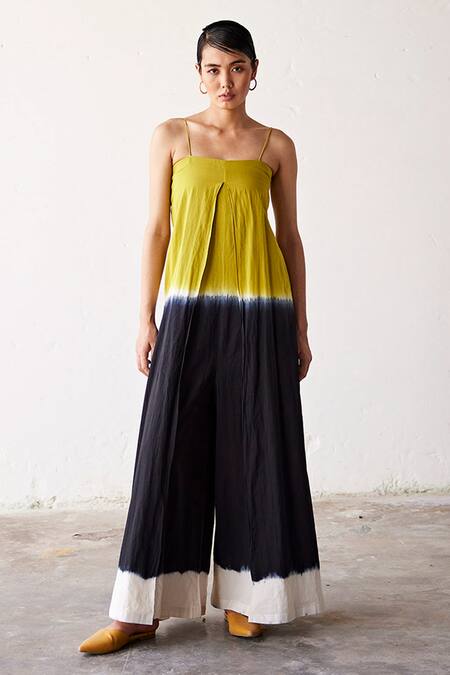 Kharakapas_Black Cotton Square Neck Lemonade Ombre Jumpsuit_Online_at_Aza_Fashions