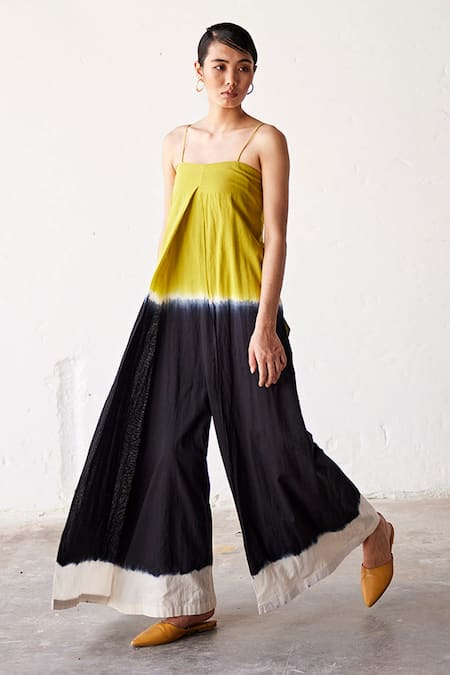 Buy_Kharakapas_Black Cotton Square Neck Lemonade Ombre Jumpsuit_Online_at_Aza_Fashions
