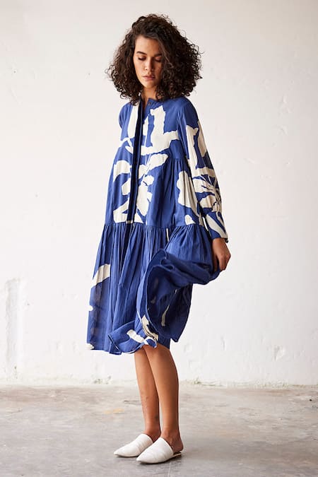 Buy_Kharakapas_Blue Cotton Round Neck Dusk Lino Print Dress _Online_at_Aza_Fashions