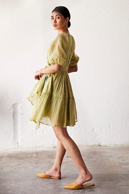 Shop Kharakapas Green Cotton V-neck Checkered Wrap Dress at Aza Fashions Shop_Kharakapas_Green Cotton V-neck Checkered Wrap Dress _at_Aza_Fashions