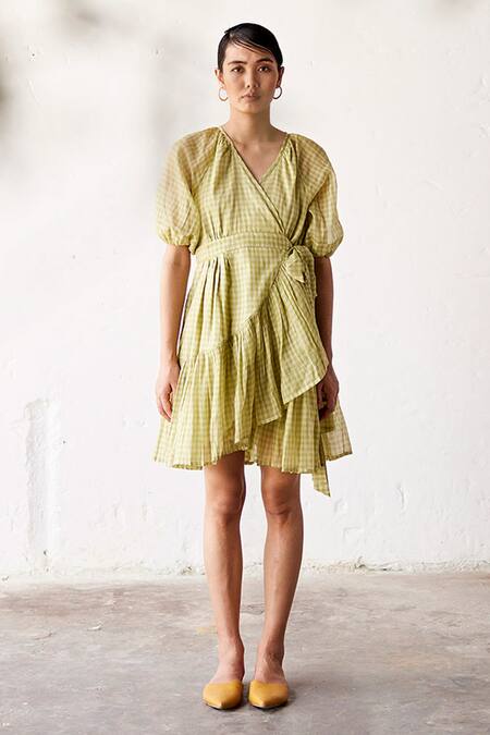 Kharakapas Green Cotton V-neck Checkered Wrap Dress Online at Aza Fashions Kharakapas_Green Cotton V-neck Checkered Wrap Dress _Online_at_Aza_Fashions