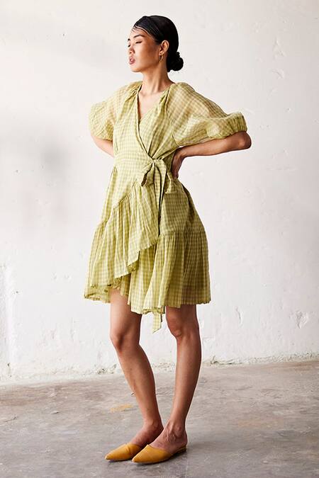 Buy Kharakapas Green Cotton V-neck Checkered Wrap Dress Online at Aza Fashions Buy_Kharakapas_Green Cotton V-neck Checkered Wrap Dress _Online_at_Aza_Fashions