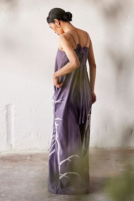 Shop_Kharakapas_Grey Cotton Square Neck Lino Print Jumpsuit _at_Aza_Fashions