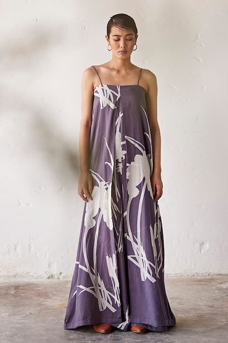 Kharakapas_Grey Cotton Square Neck Lino Print Jumpsuit _Online_at_Aza_Fashions