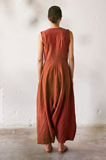 Shop_Kharakapas_Red Linen V-neck Morning Glory Jumpsuit _at_Aza_Fashions