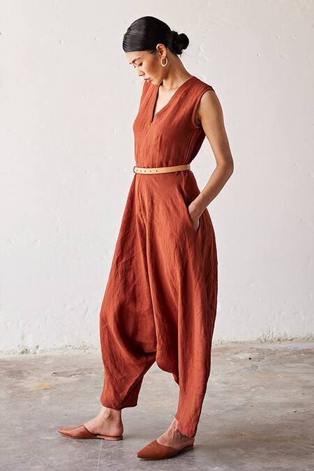Kharakapas_Red Linen V-neck Morning Glory Jumpsuit _Online_at_Aza_Fashions