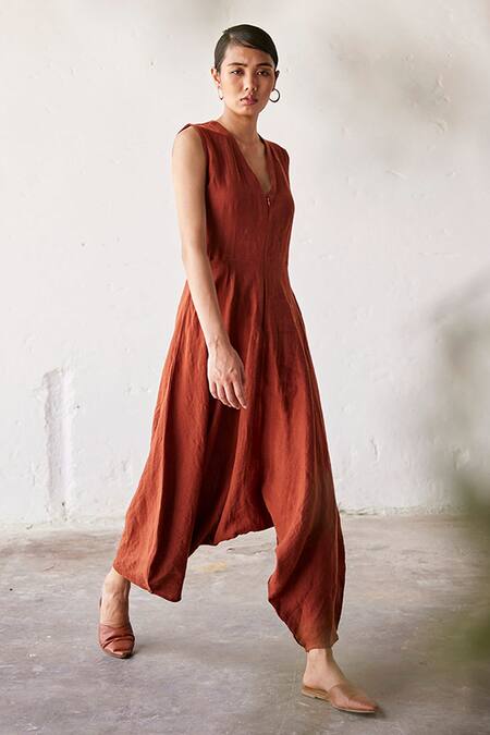 Buy_Kharakapas_Red Linen V-neck Morning Glory Jumpsuit _Online_at_Aza_Fashions