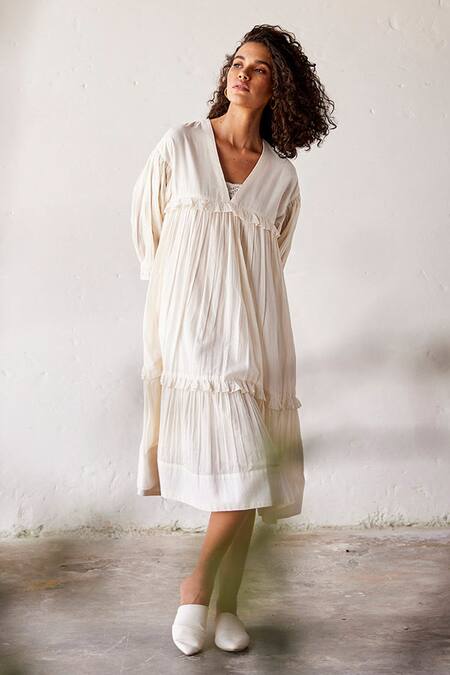 Buy_Kharakapas_Off White Cotton, Muslin V-neck Desi Mogra Tiered Ruffle Dress _Online_at_Aza_Fashions